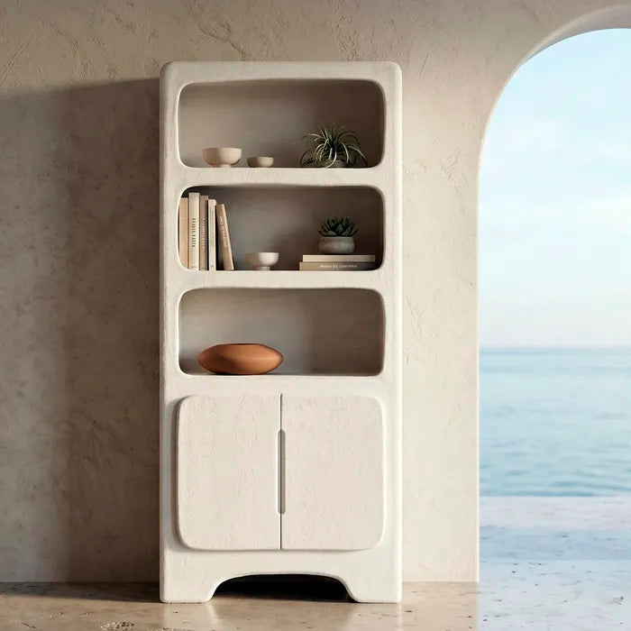 Estantería - librería en color blanco fabricada en madera DM con acabado poroso granulado. Ideal para interior y exterior