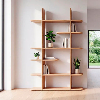 Estantería natural de pie fabricada en madera de mango, color claro. Varios estantes