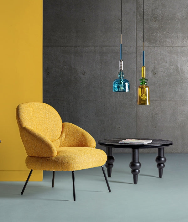 Lámpara de colgar fabricada de vidrio translúcido azul y plata combinado con acero