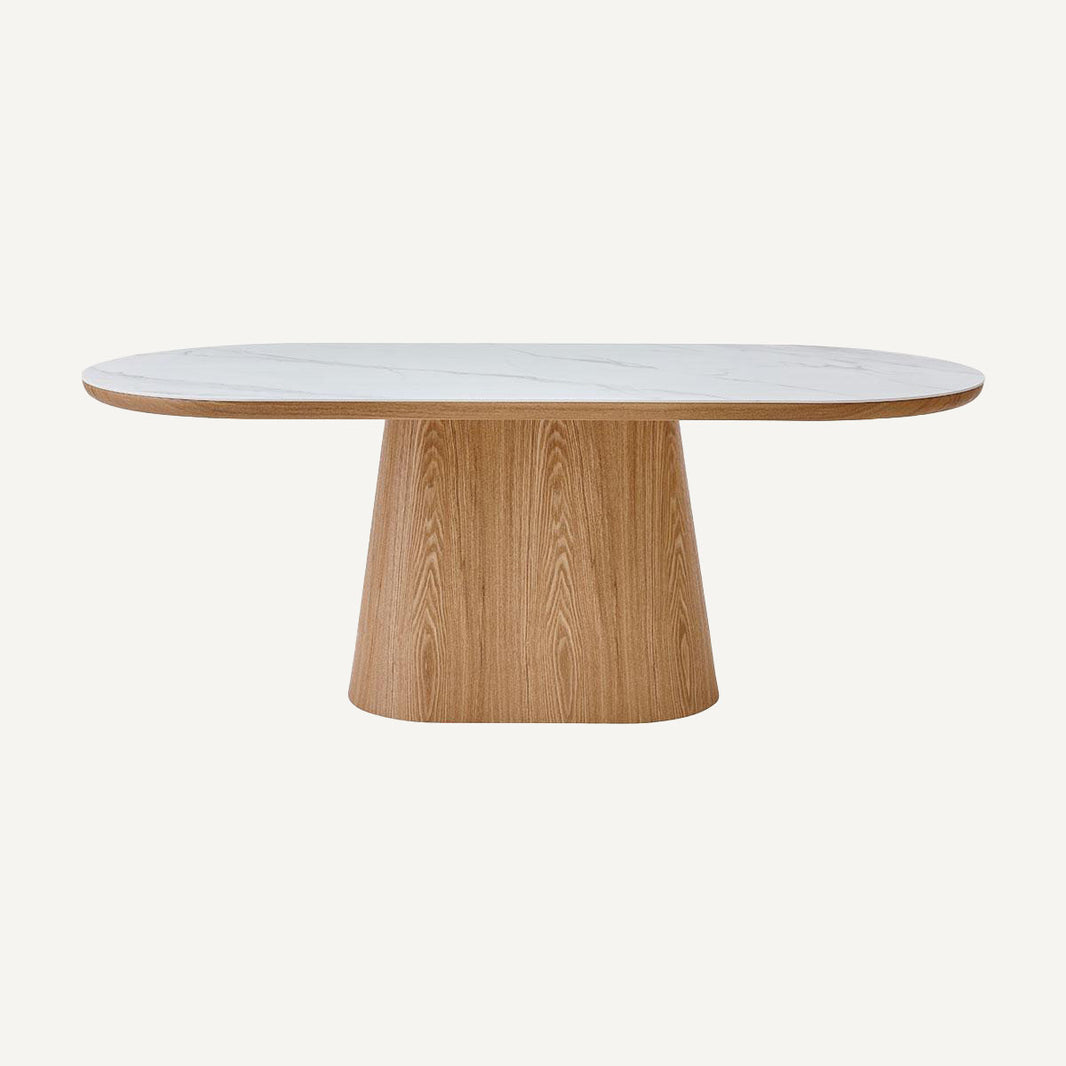 Mesa de comedor ovalada, madera de roble y tapa porcelánico blanco