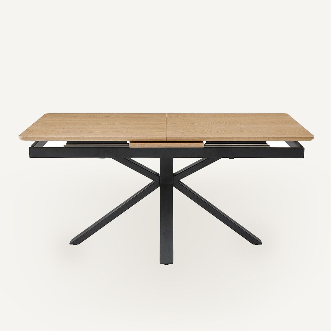 Mesa de comedor, extensible, marrón y negra, de madera de fresno y metal