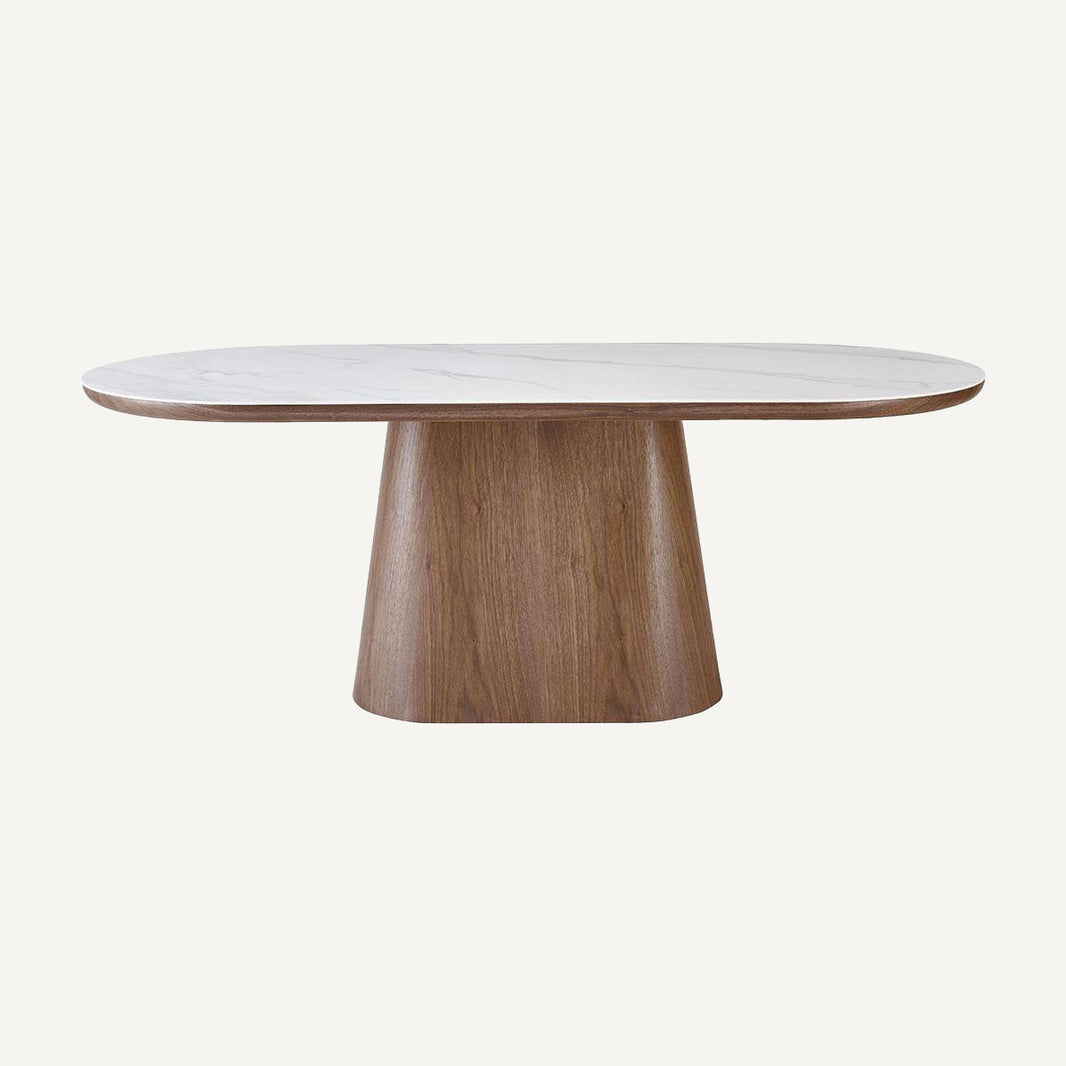 Mesa de comedor ovalada, de madera de nogal con tapa porcelánico blanco