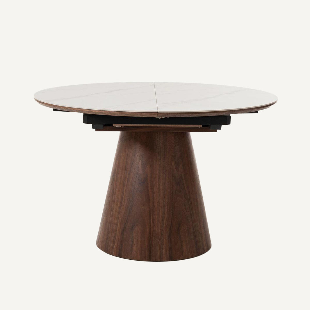 Mesa de comedor, extensible, color marrón, de madera de nogal y porcelánico blanco