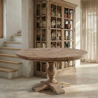 Mesa de comedor redonda, fabricada en madera de pino reciclada. 140 cm