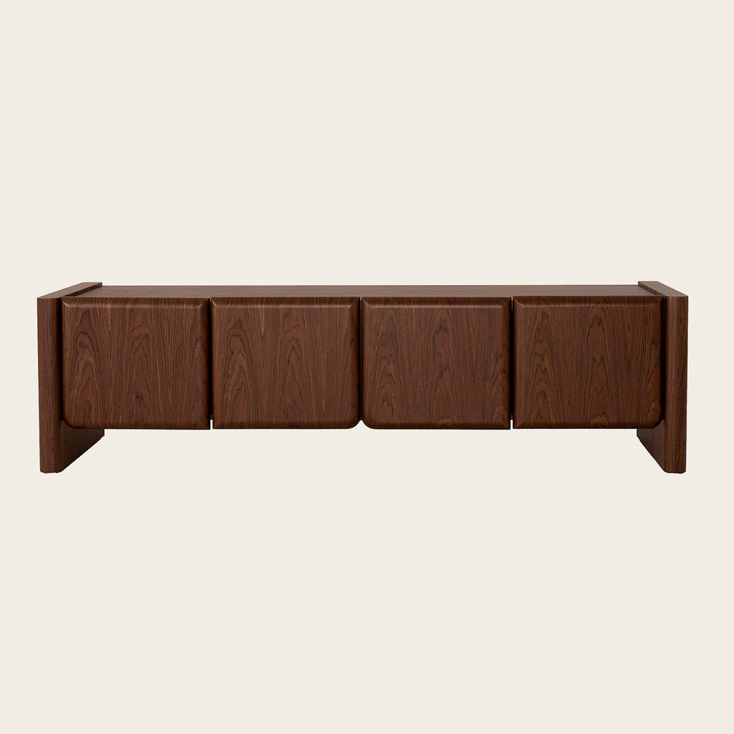 Mueble Tv en madera de chapa de nogal, robusto con patas y dos huecos internos.
