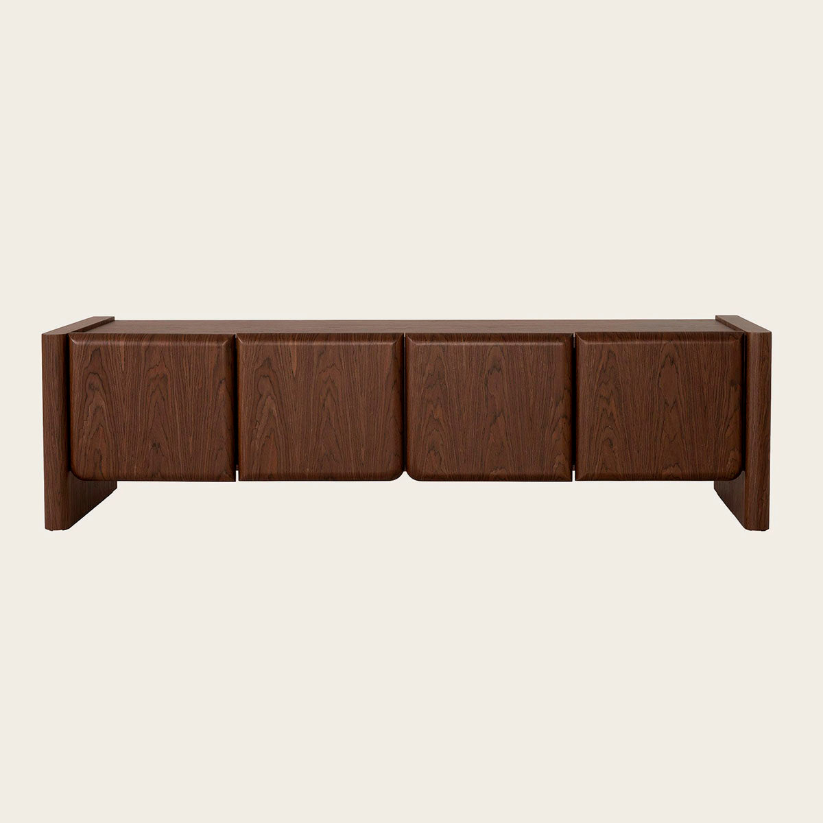 Mueble Tv en madera de chapa de nogal, robusto con patas y dos huecos internos.