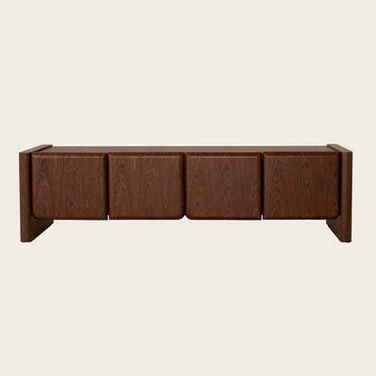 Mueble Tv en madera de chapa de nogal, robusto con patas y dos huecos internos.