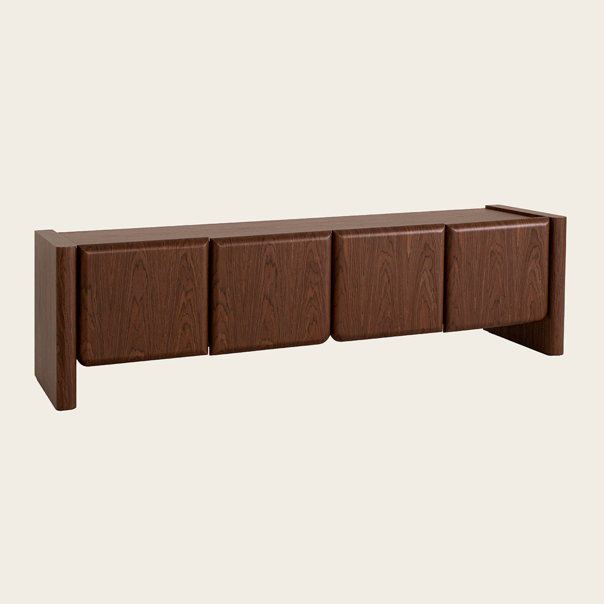 Mueble Tv en madera de chapa de nogal, robusto con patas y dos huecos internos.