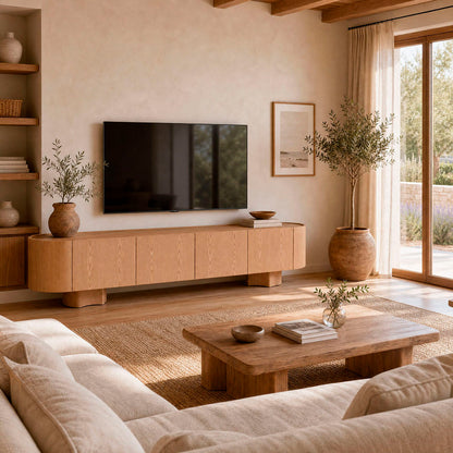 Mueble TV en madera de chapa de roble, con patas robustas, cuatro puertas y huecos internos.
