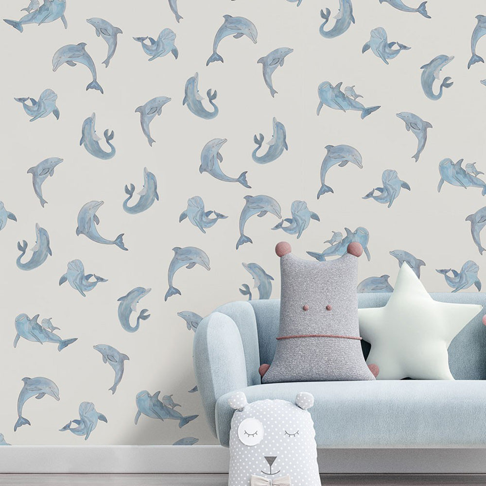 papel pintado pared infantil con delfines