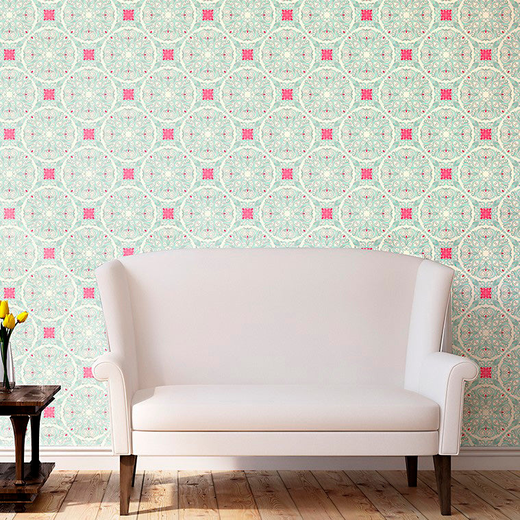 Papel pintado mural continuo tonos verde y rojo