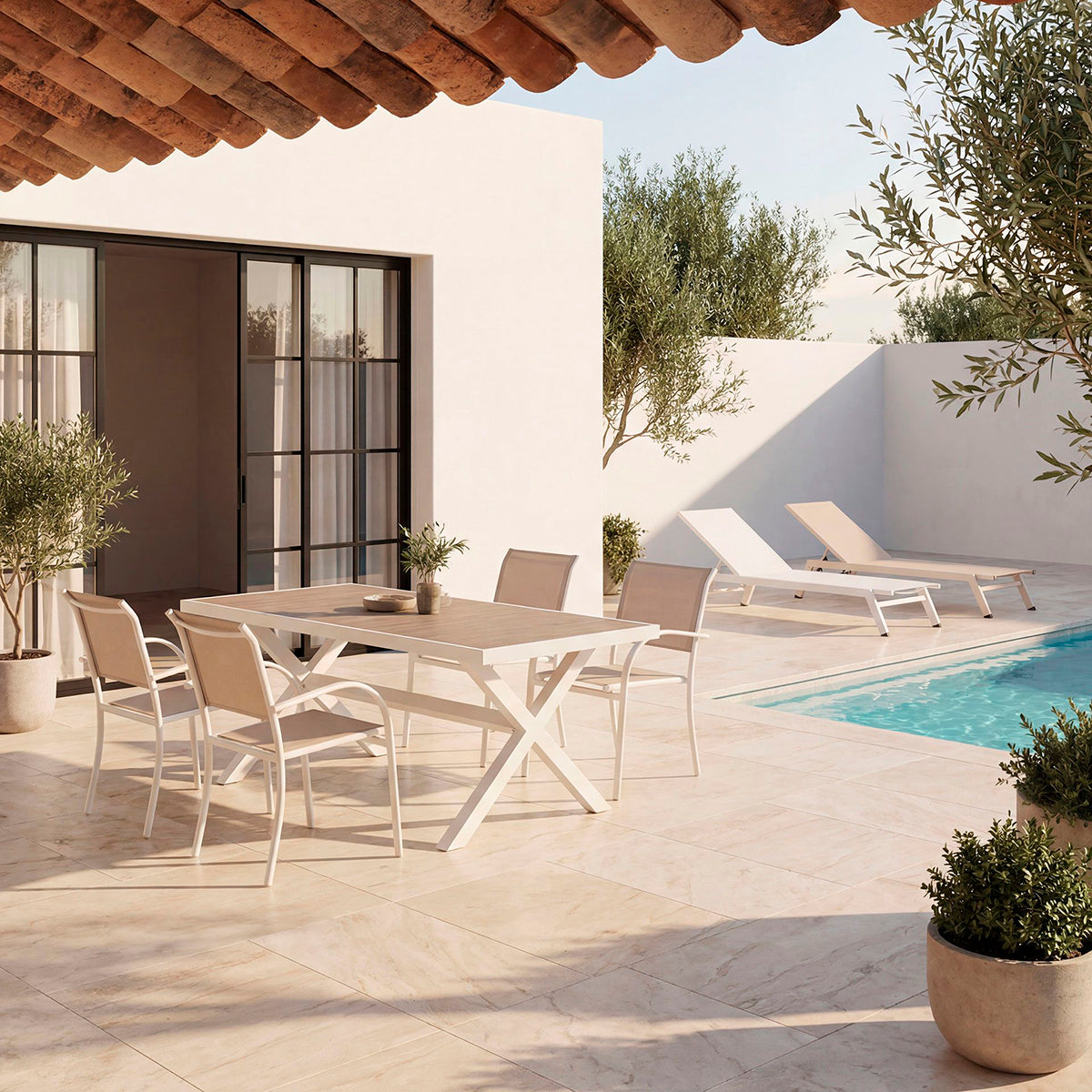 Mesa de comedor exterior, fabricada de aluminio blanco y tapa de cerámica efecto madera.