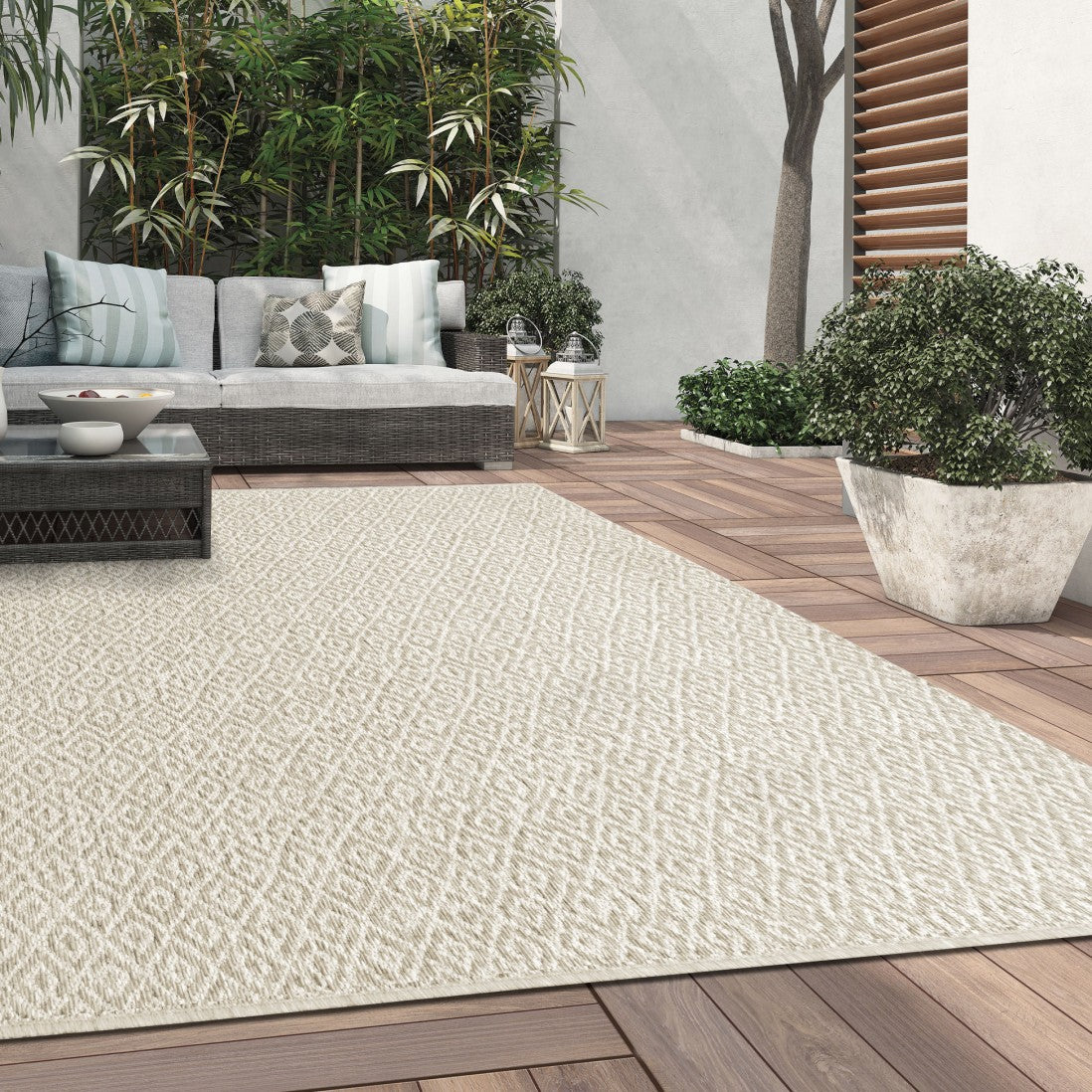 Alfombra de interior y exterior con rombos beige