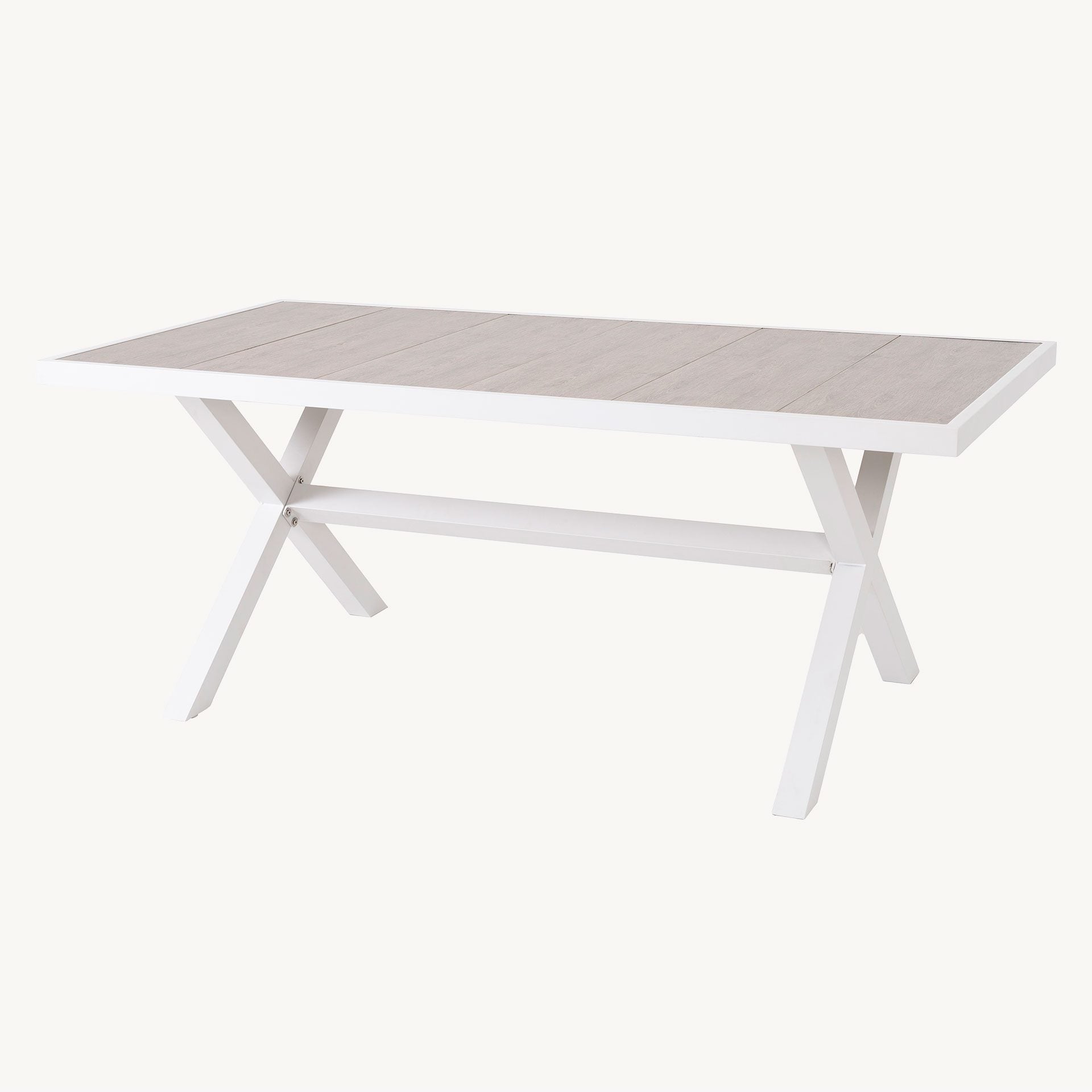 Mesa de comedor exterior, fabricada de aluminio blanco y tapa de cerámica efecto madera.